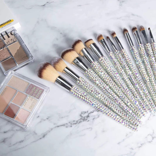 Brochas de maquillaje con diamantes coloridos y elegantes 18 piezas